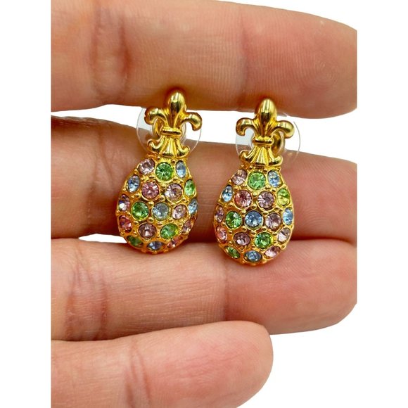 Vintage Signed Joan Rivers Eggs Earrings Pastel Rhinestones Golden Fleur De Lis - Picture 1 of 5